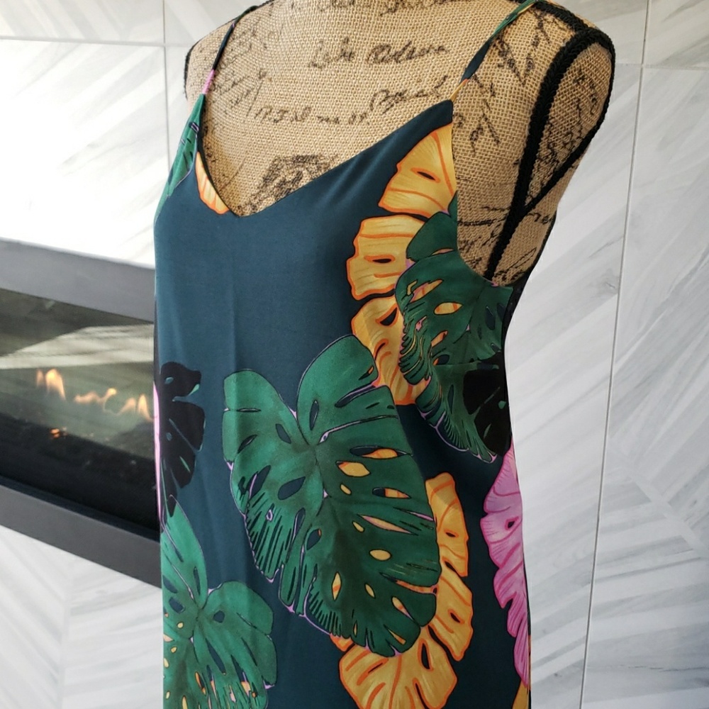 C&E maxi dress green yellow pink tropical print  spaghetti strap Size Large - Picture 3 of 5